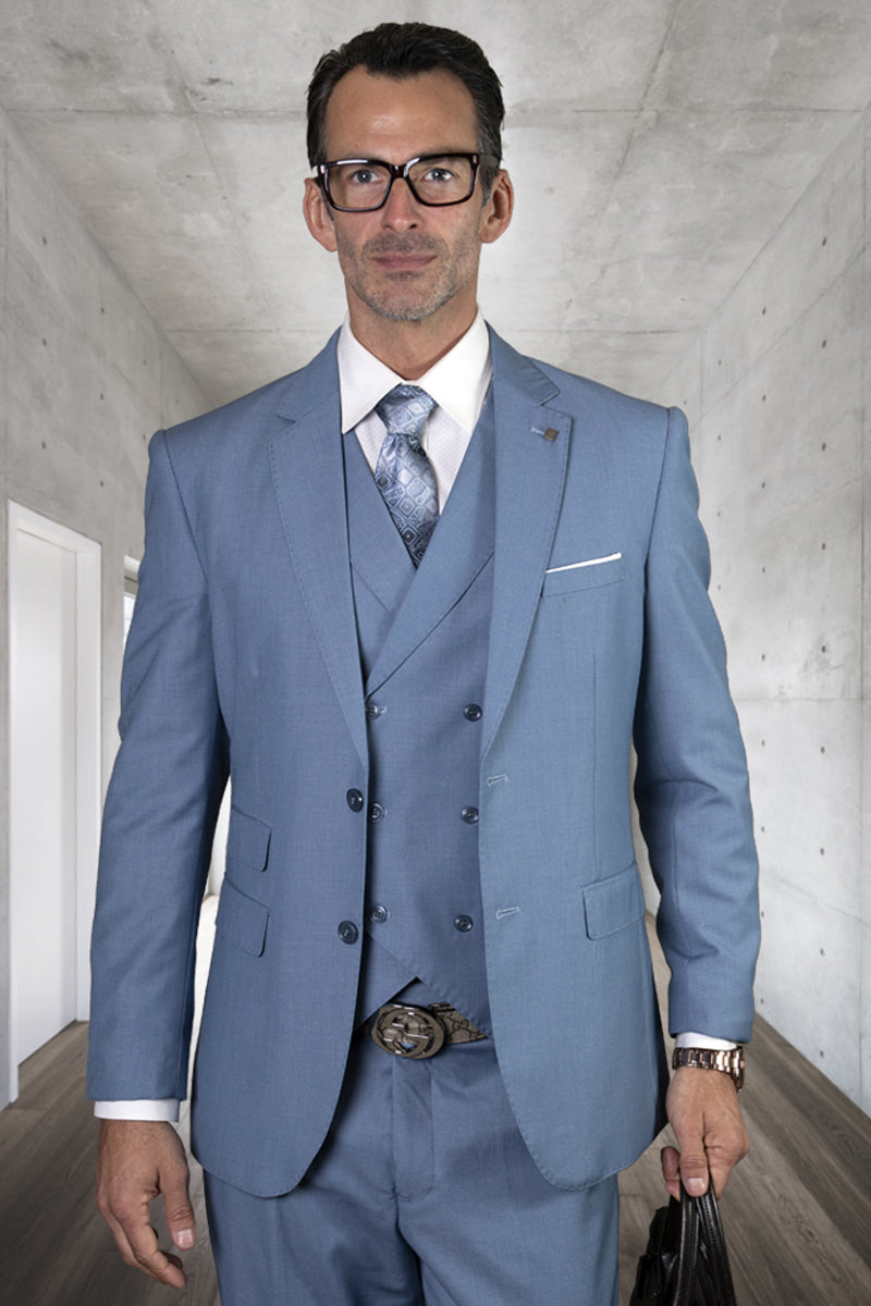 Men’s Modern Fit Designer Wool Suit in Steel Blue with a Double Breasted Vest