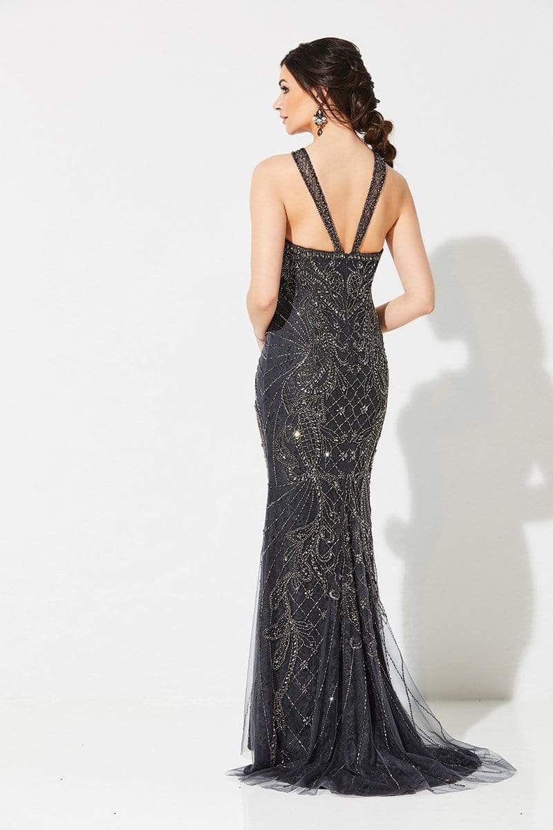 219D74 Bedazzled Halter Dress With Train