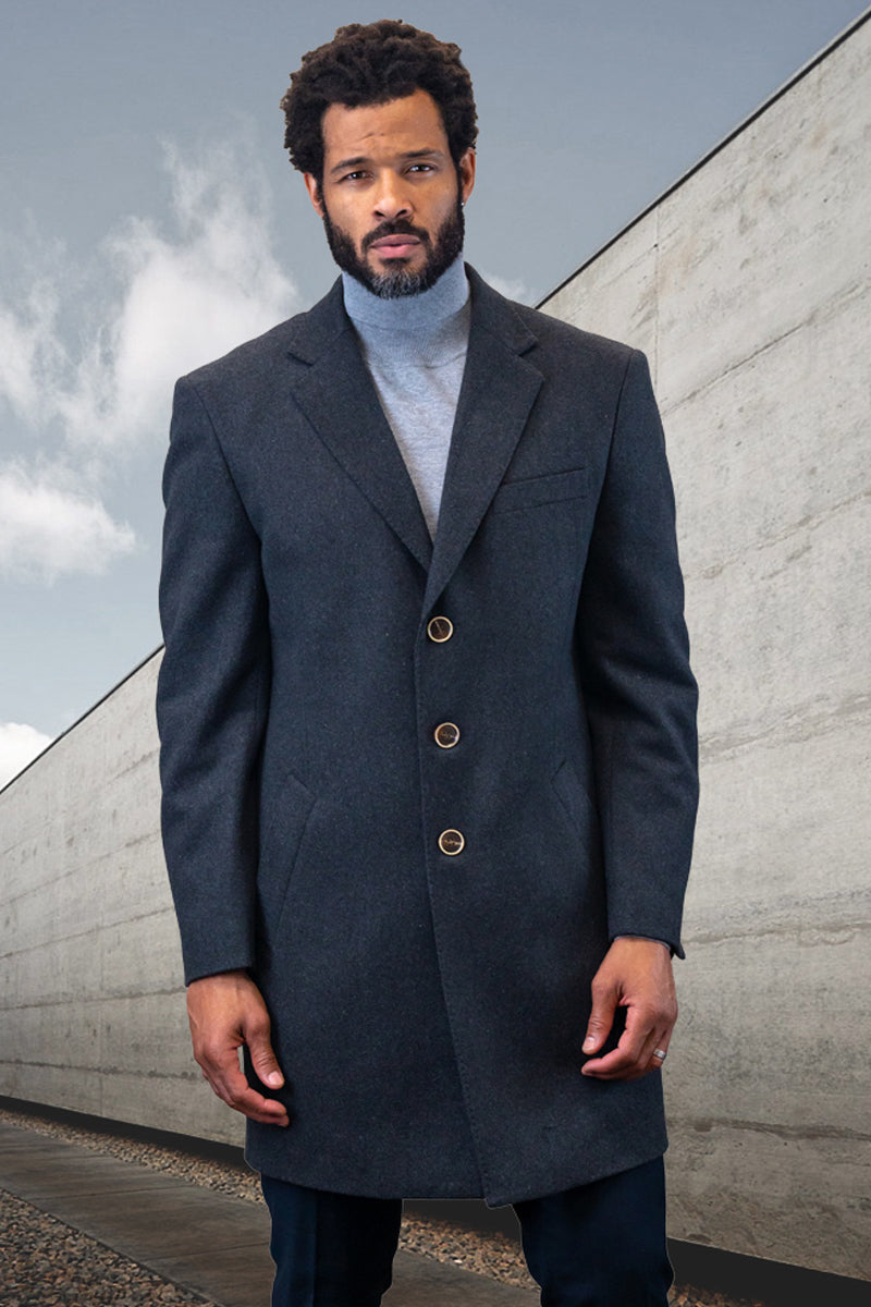 Men’s Designer 100% Wool Winter Overcoat in Charcoal Grey