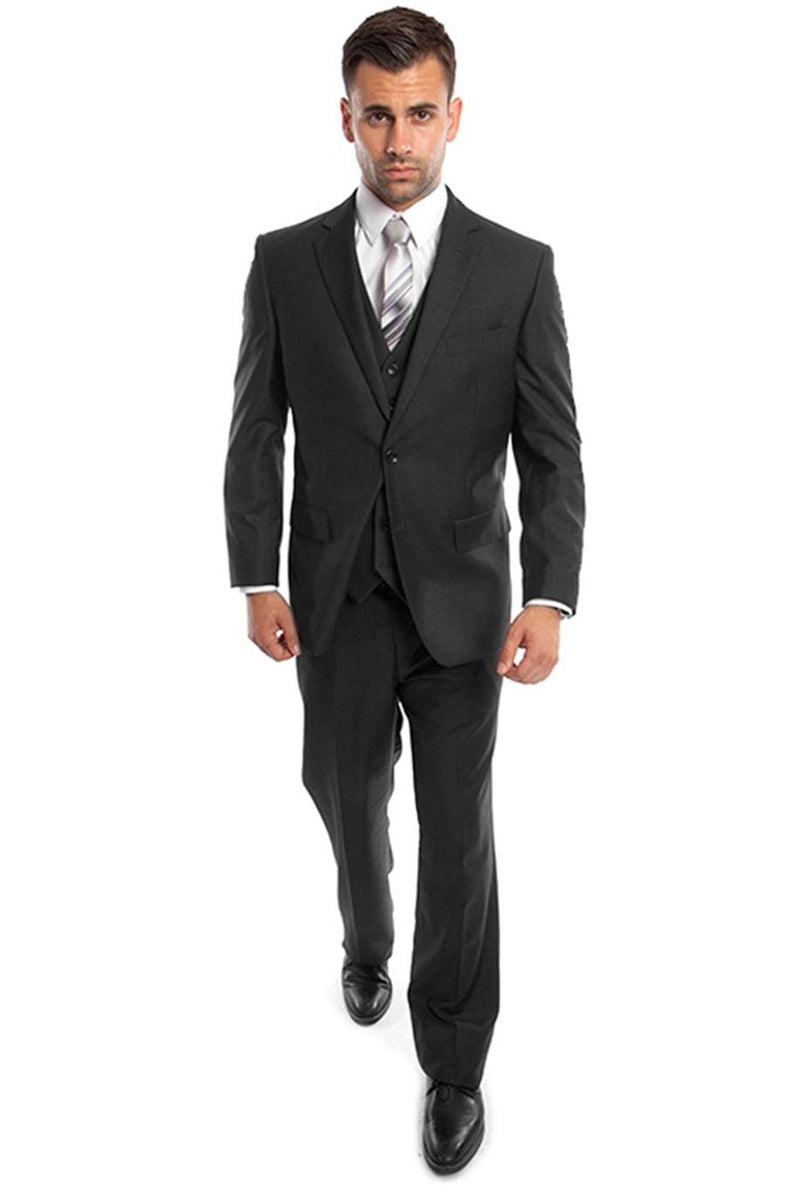 Men’s Vested Two Button Solid Color Wedding & Business Suit in Black