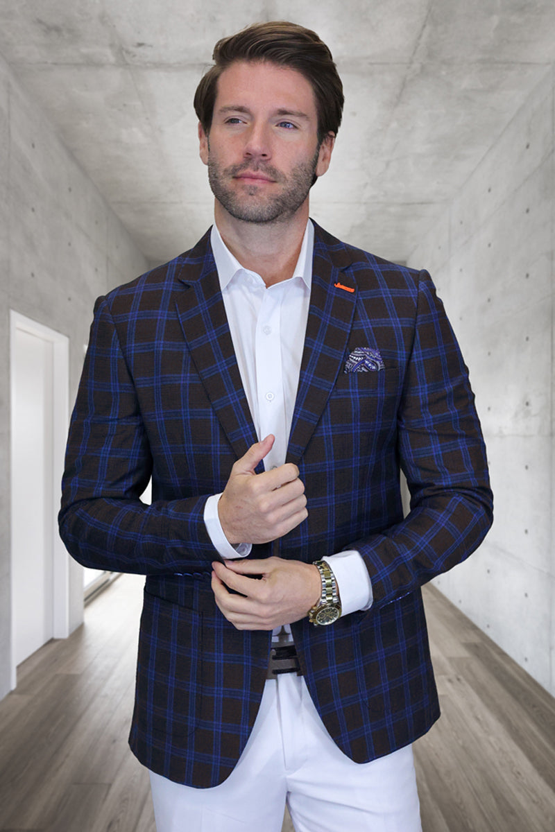 Men’s Modern Fit Patch Pocket Designer Wool Summer Blazer in Brown Plaid