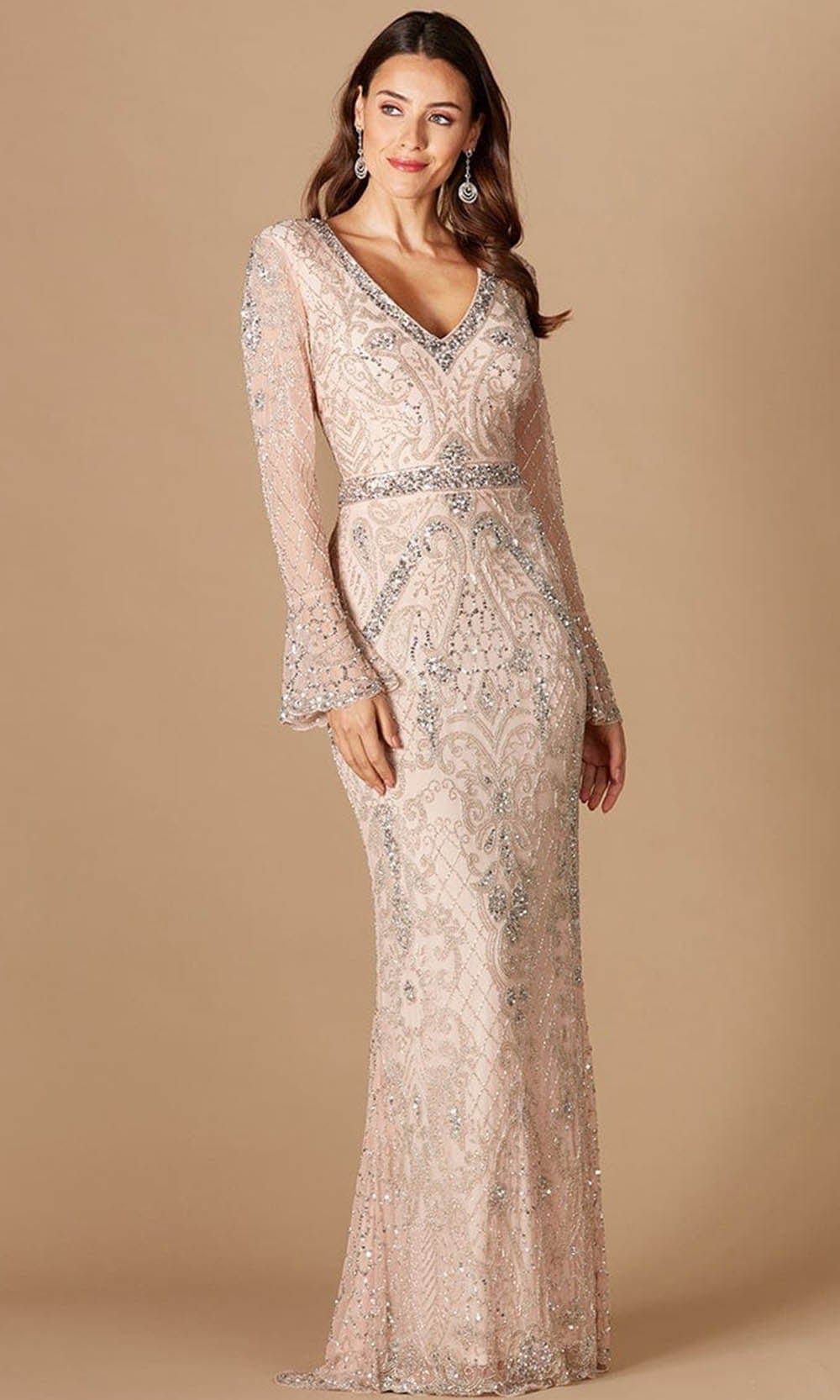 Fully Sequined Long Sheer Sleeves Formal Gown