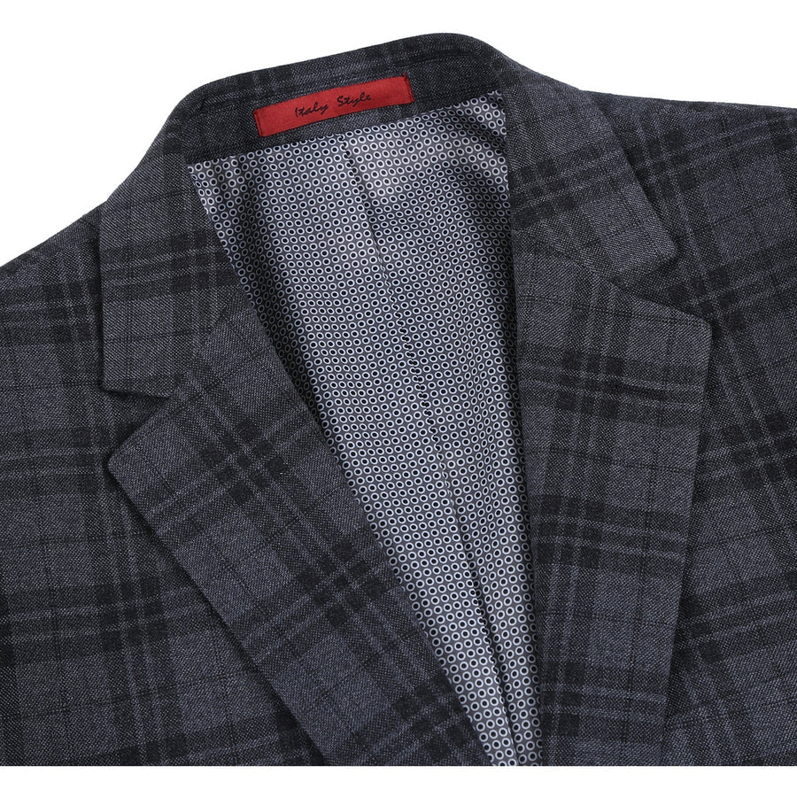 Mens Two Button Slim Fit Two Piece Hack Pocket Suit in Charcoal Grey Windowpane Plaid
