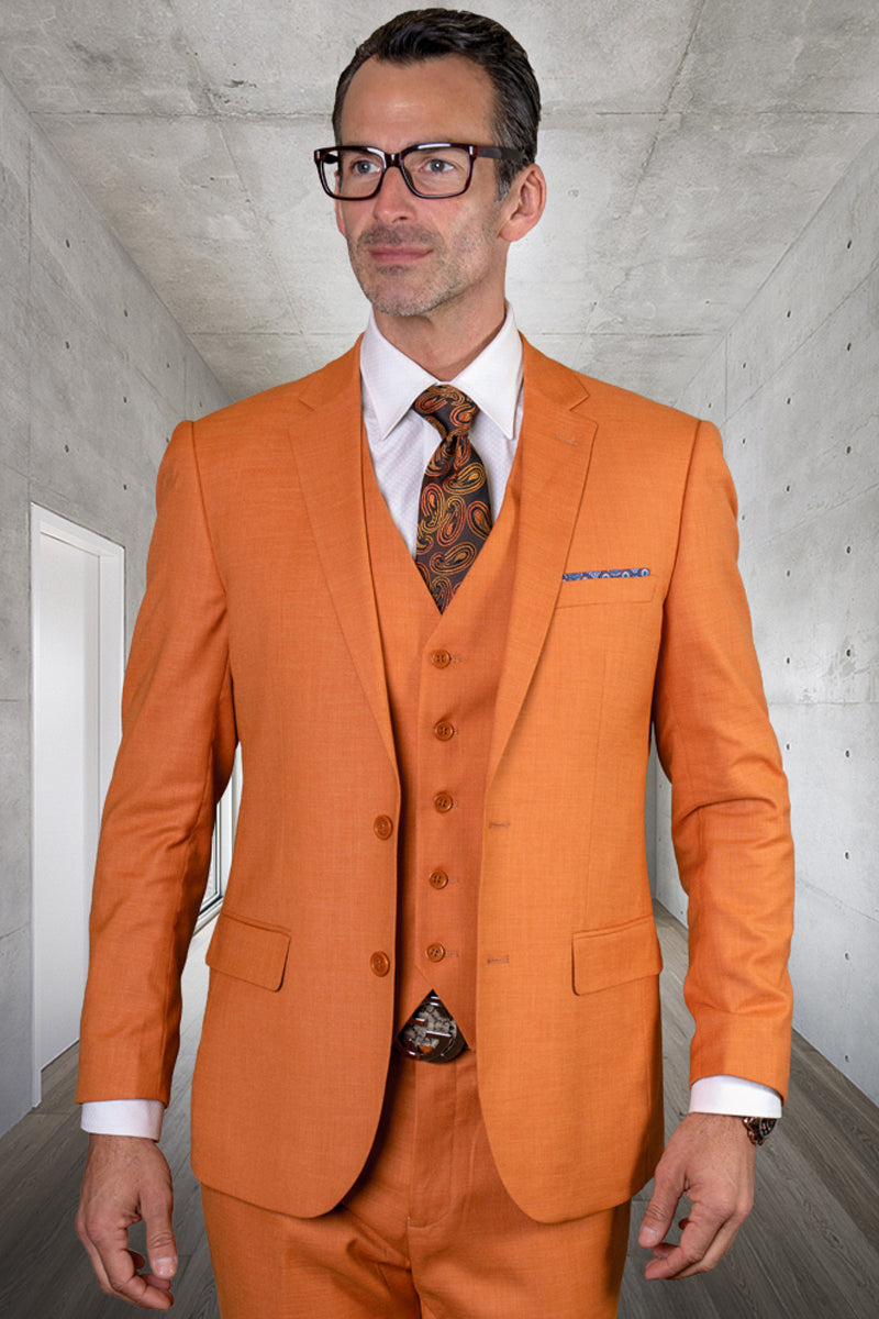 Men’s Designer Modern Fit Vested Wool Sharkskin Suit in Rust