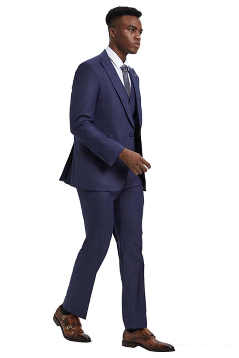 Men’s Stacy Adams Vested One Button Wide Peak Lapel Windowpane Plaid Suit in Eggplant Purple