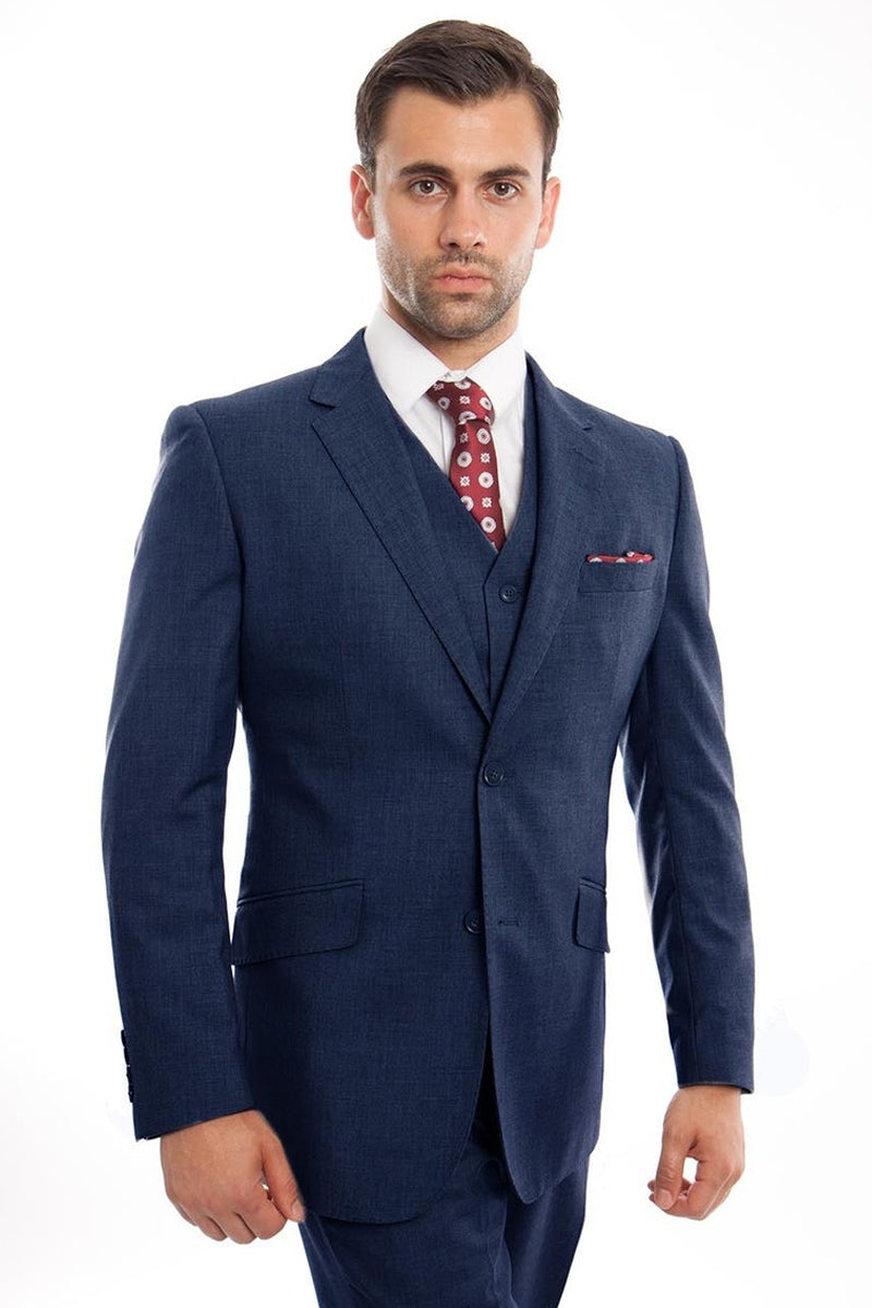 Men’s Designer Two Button Modern Fit Vested Wool Suit in Indigo Blue