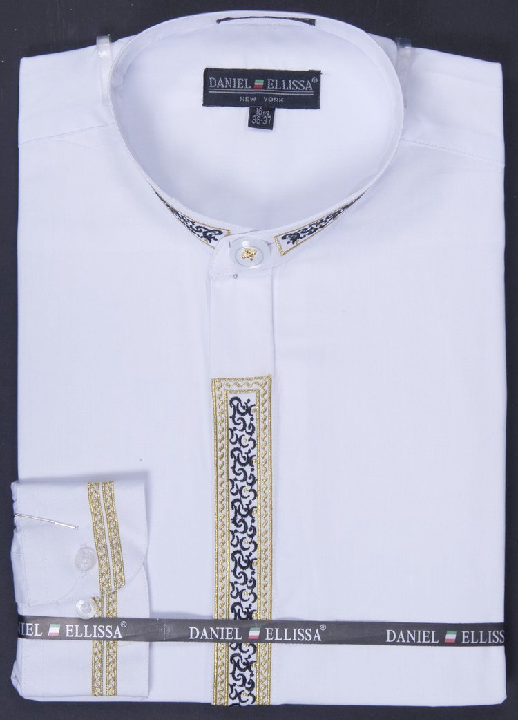Men’s Banded Collar Dress Shirt in White with Gold Embroidery