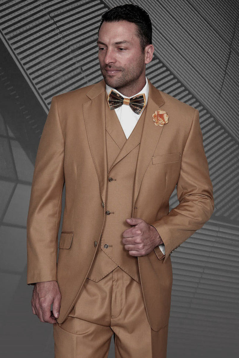 Men’s Designer Classic Fit Pleated Pant Wool Suit with Double Breasted Vest in Caramel