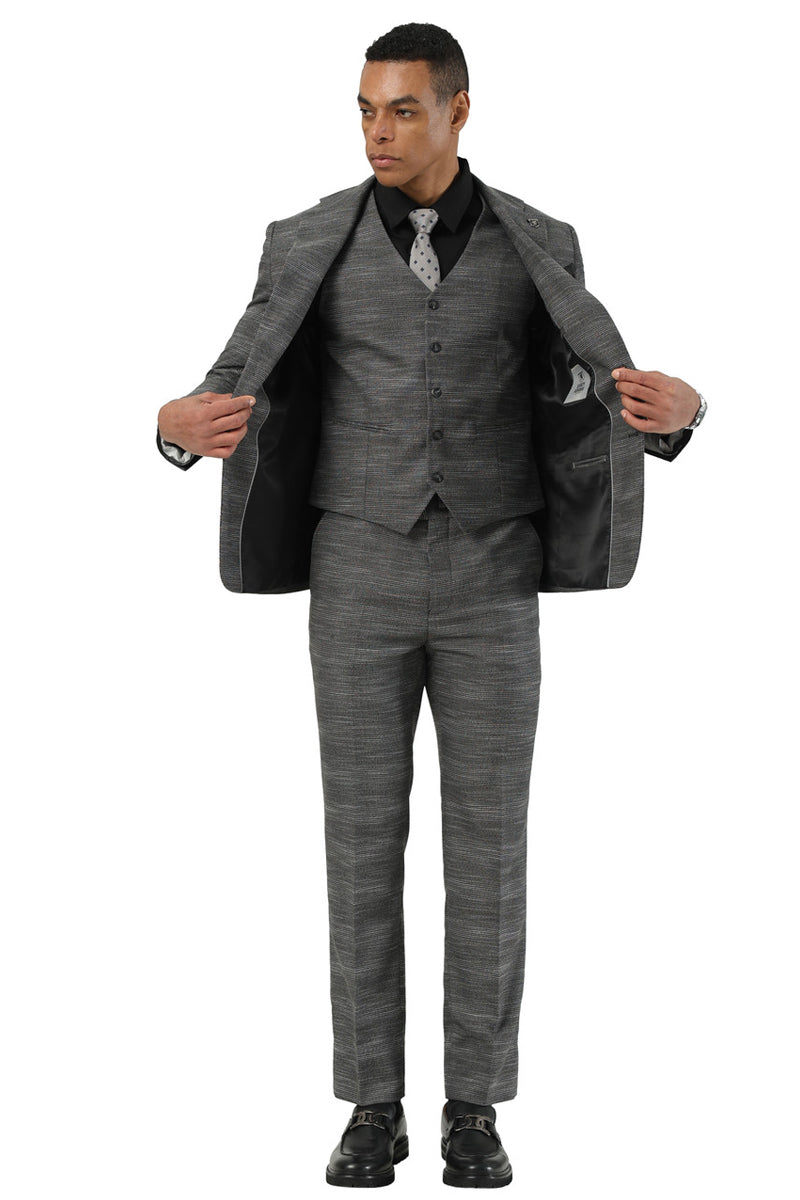 Men’s Stacy Adams Vested Sharkskin Pattern Business Suit in Charcoal Grey