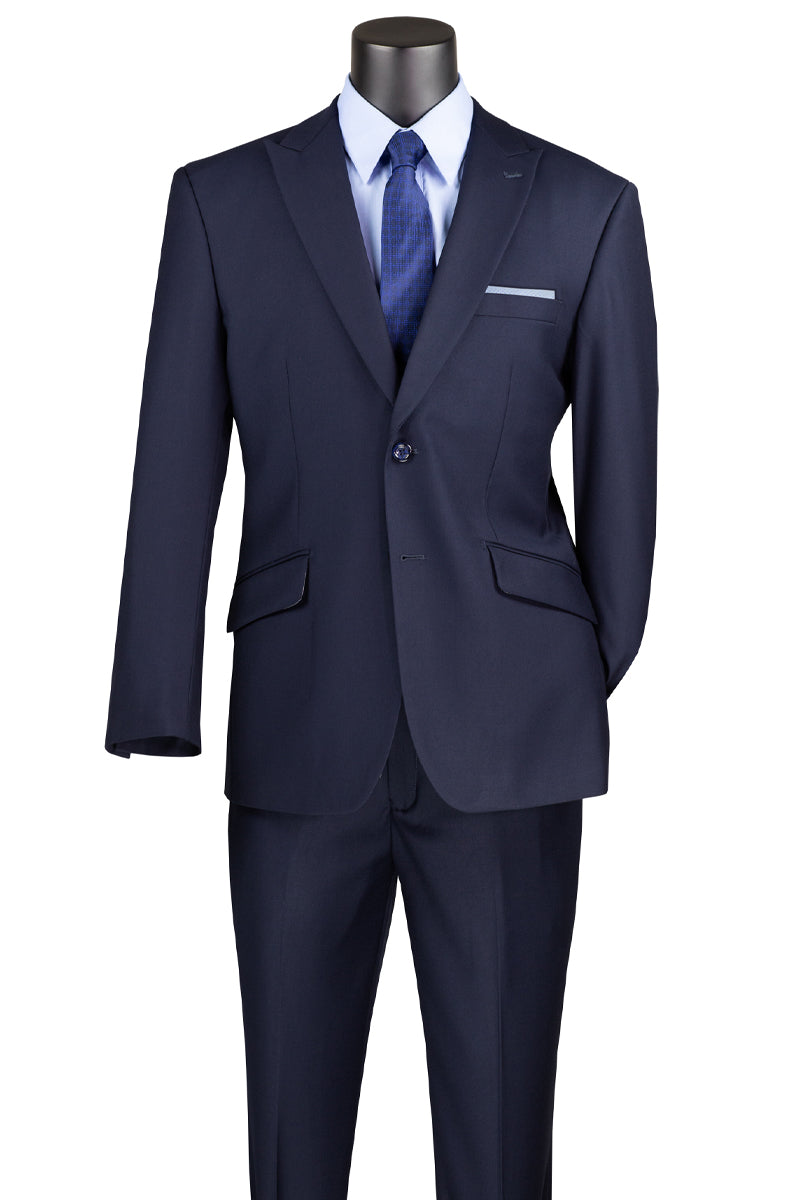 Men’s Two Button Modern Fit Wide Peak Lapel Wool Feel Suit in Navy Blue