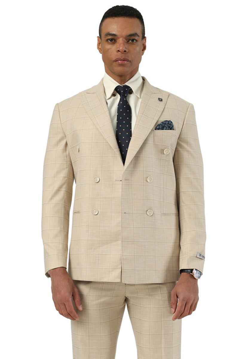 Men’s Stacy Adams Double Breasted Summer Suit in Beige Windowpane Plaid