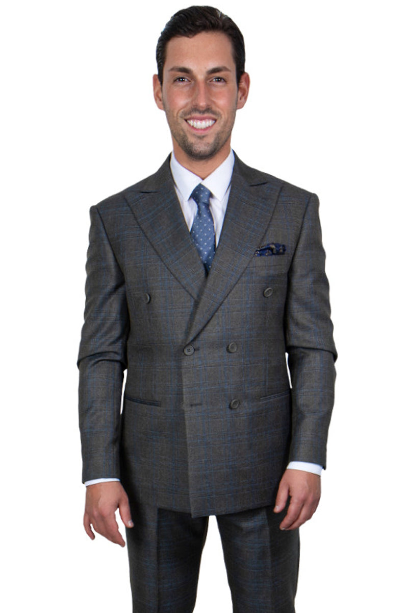 Men’s Stacy Adams Double Breasted Suit in Charcoal Grey Windowpane Plaid