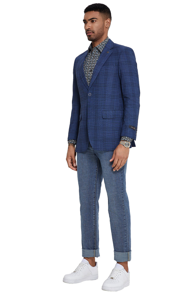 Men’s Two Button Modern Fit Business Sport Coat in Navy Plaid