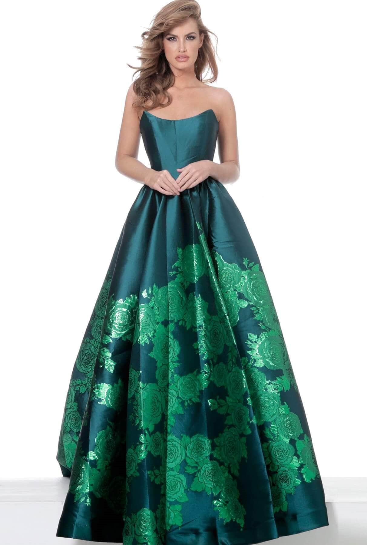 02038 Strapless Scoop Neck Floral Embroidered Gown