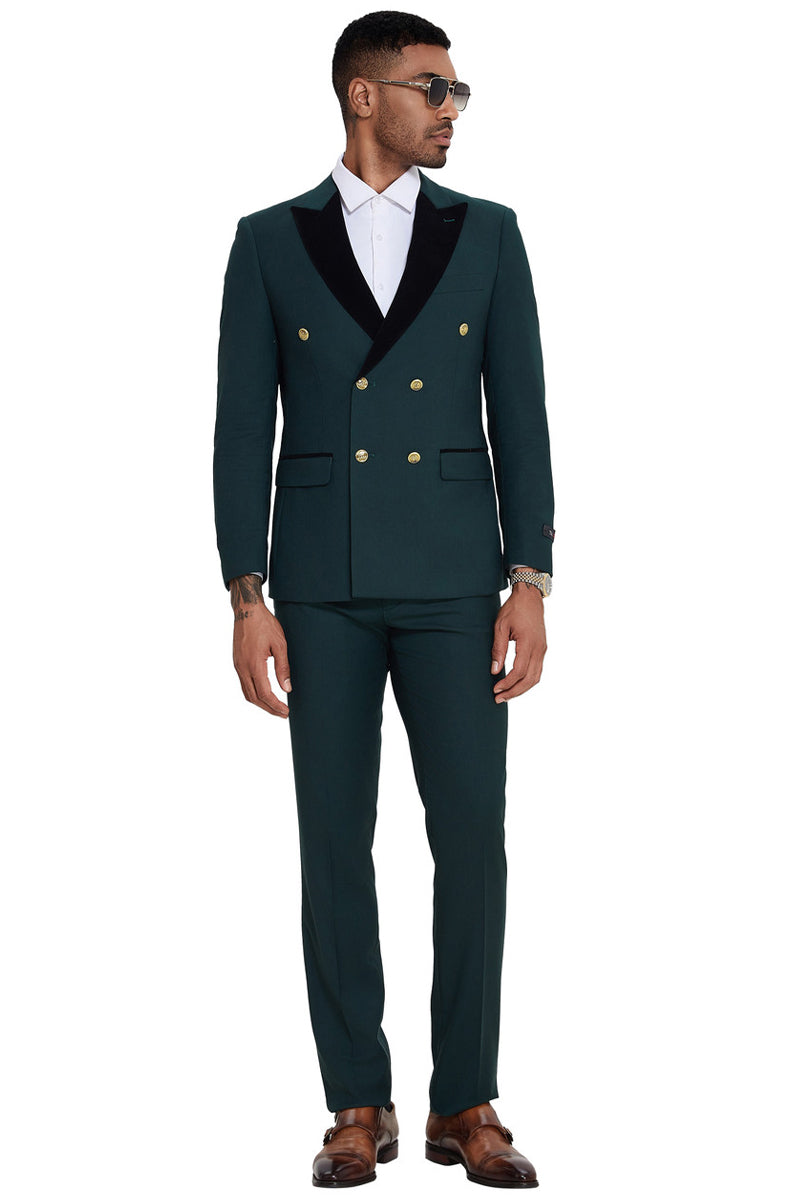 Men’s Double Breasted Wedding Suit with Velvet Peak Lapel and Gold Buttons in Dark Green