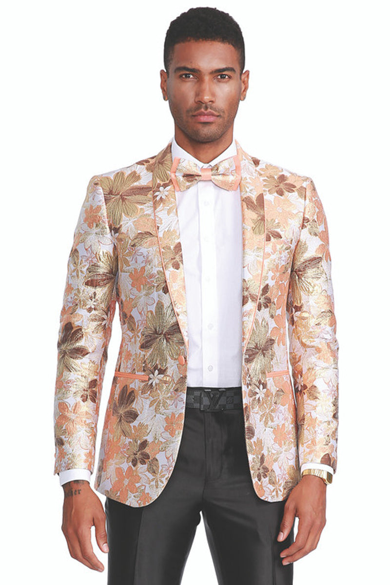 Men’s Slim Fit Paisley Prom Tuxedo Jacket in Peach & Orange