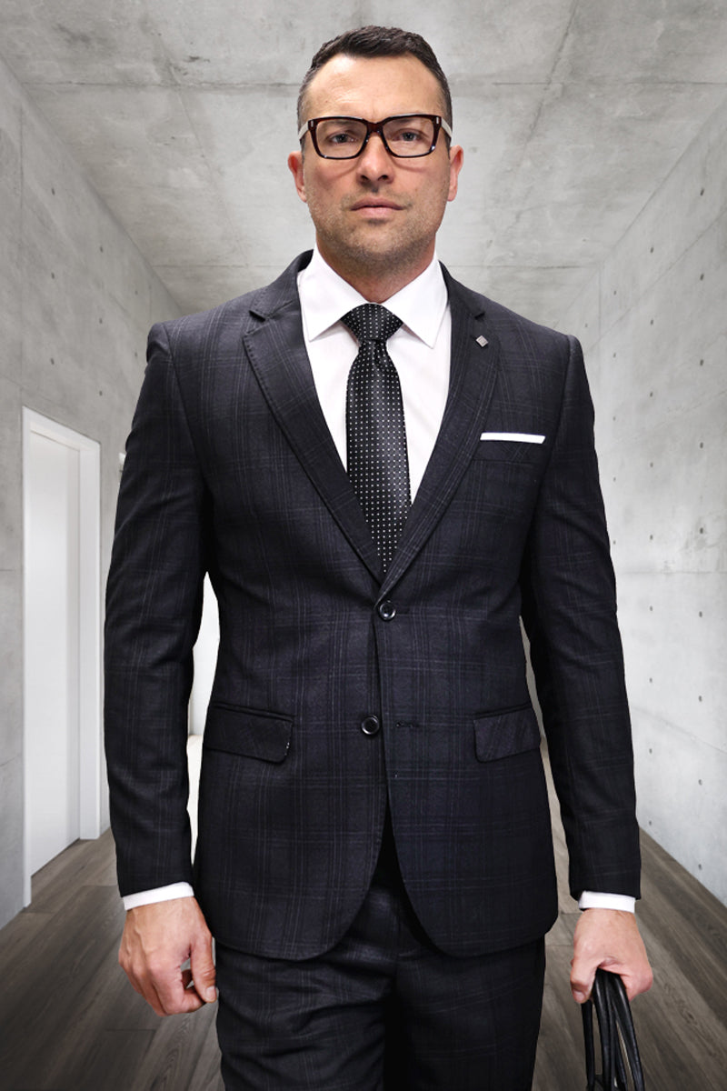 Men’s Designer Modern Fit Italian Wool Suit in Black Plaid