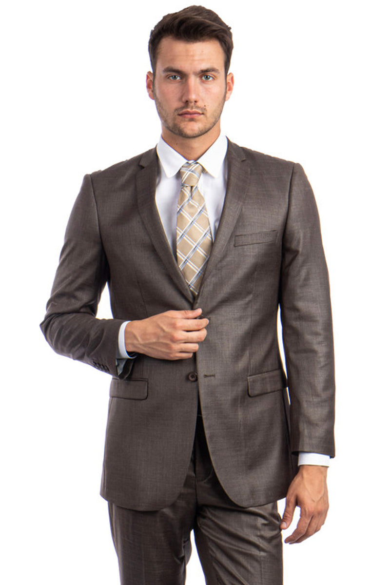 Men’s Slim Fit Textured Shiny Sharkskin Suit in Cocoa Brown