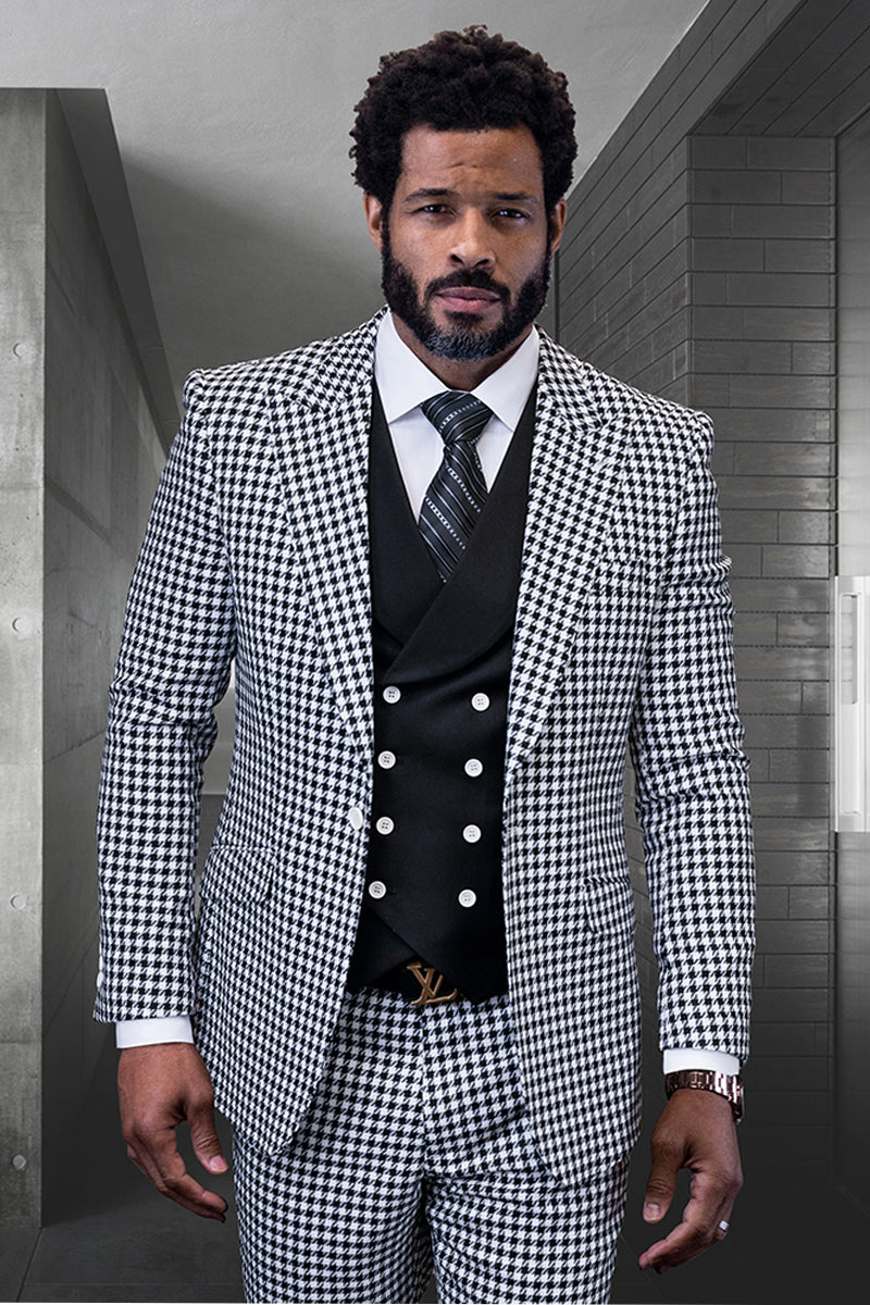 Men’s Designer Wool Modern Fit Wide Peak Lapel Vested Suit in Black Micro Plaid