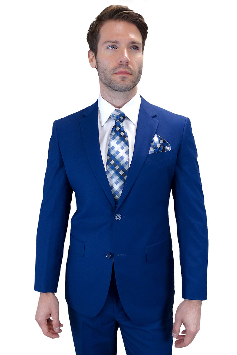 Men’s Designer Two Button Modern Fit Wool Suit in Sapphire Blue