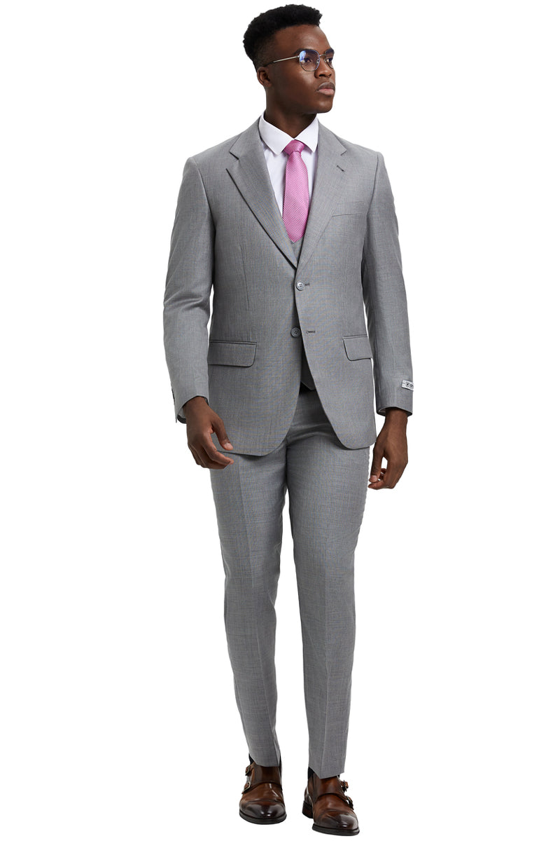 Men’s Two Button Vested Stacy Adams Designer Sharkskin Suit in Light Grey