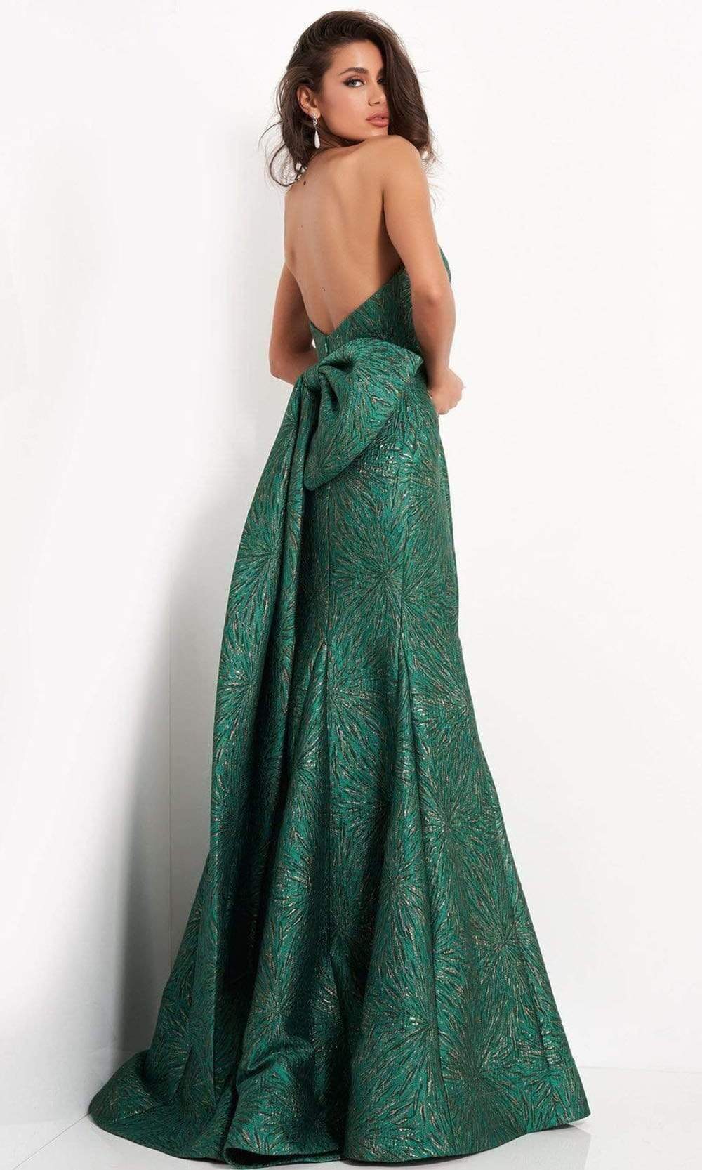 04158 Strapless Bow Accent Open Back Jacquard Evening Dress