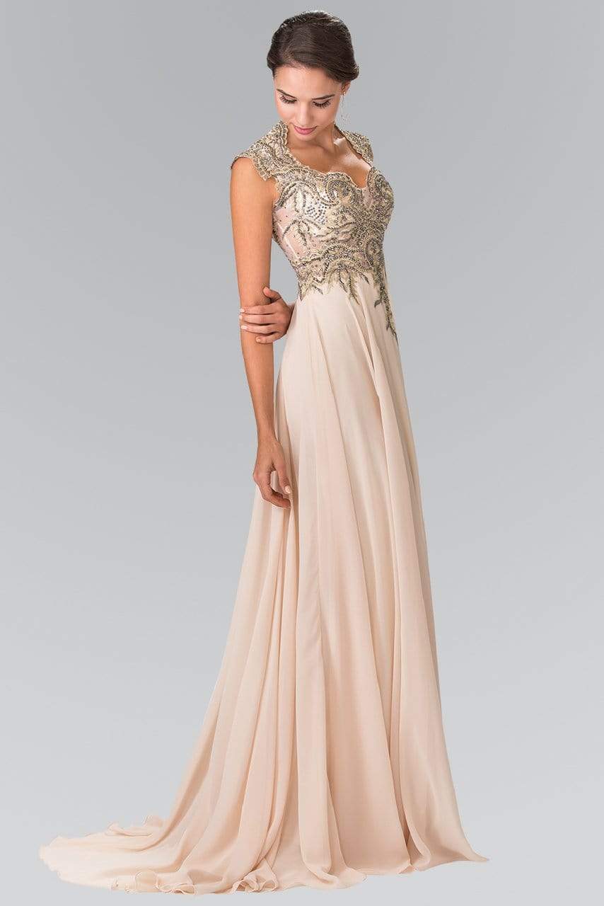 GL2229 Gilt Embroidered Bateau A-Line Gown