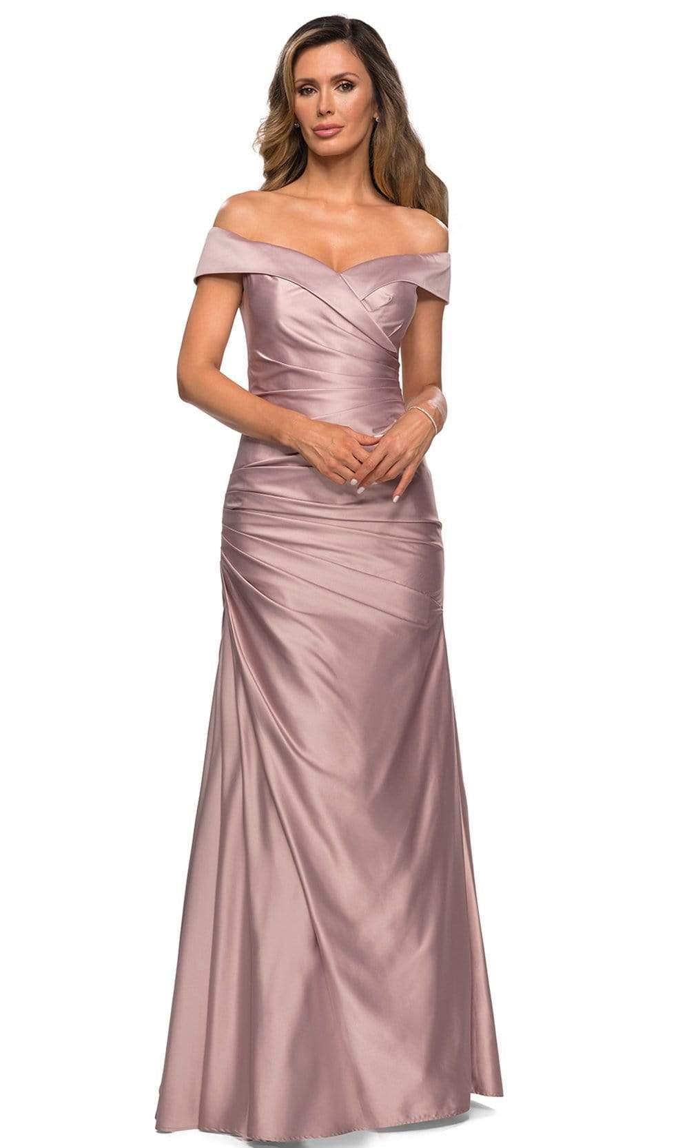 28103 Off Shoulder Pleated Satin Evening Gown
