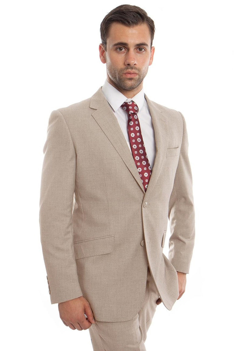Men’s Designer Two Button Modern Fit Wool Suit in Tan