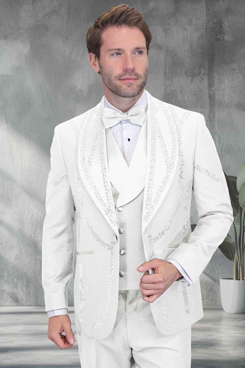 Men’s Designer Wool Shawl Lapel Vested Tuxedo with Rhinestones in White