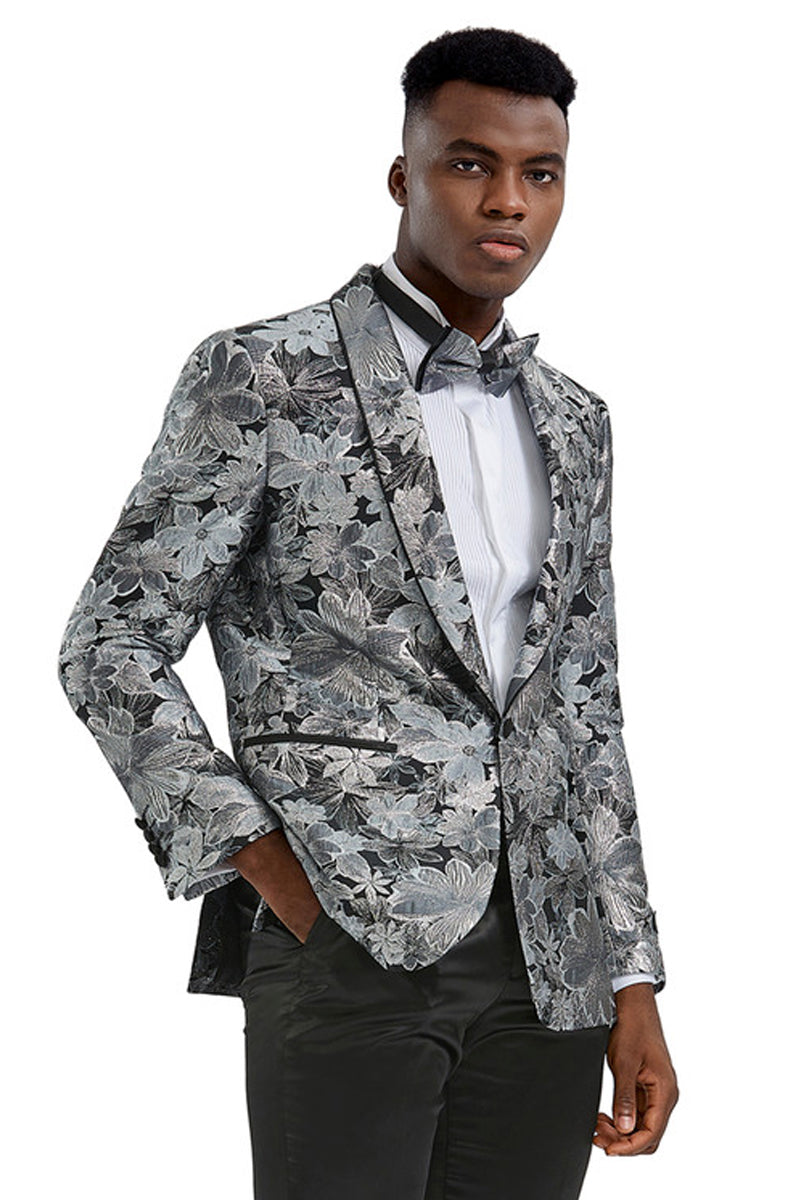Men’s Slim Fit Paisley Prom Tuxedo Jacket in Charcoal & Silver Grey