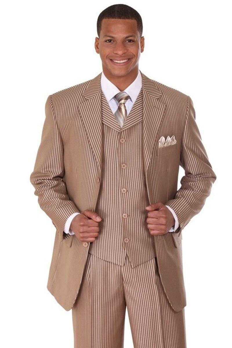 Mens 3 Button Vested Shiny Sharkskin Narrow Pinstripe Suit in Tan