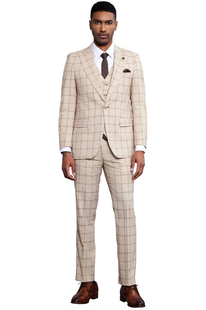 Men’s Stacy Adams One Button Peak Lapel Vested Windowpane Plaid Suit in Tan