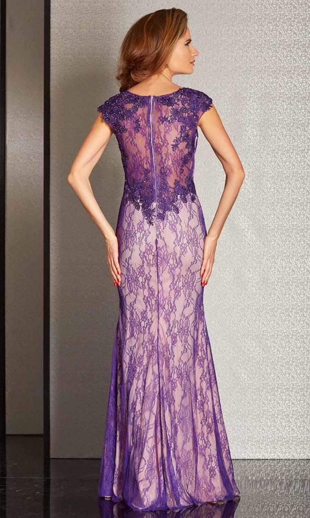 M6236 Sheer Lace Applique Evening Gown