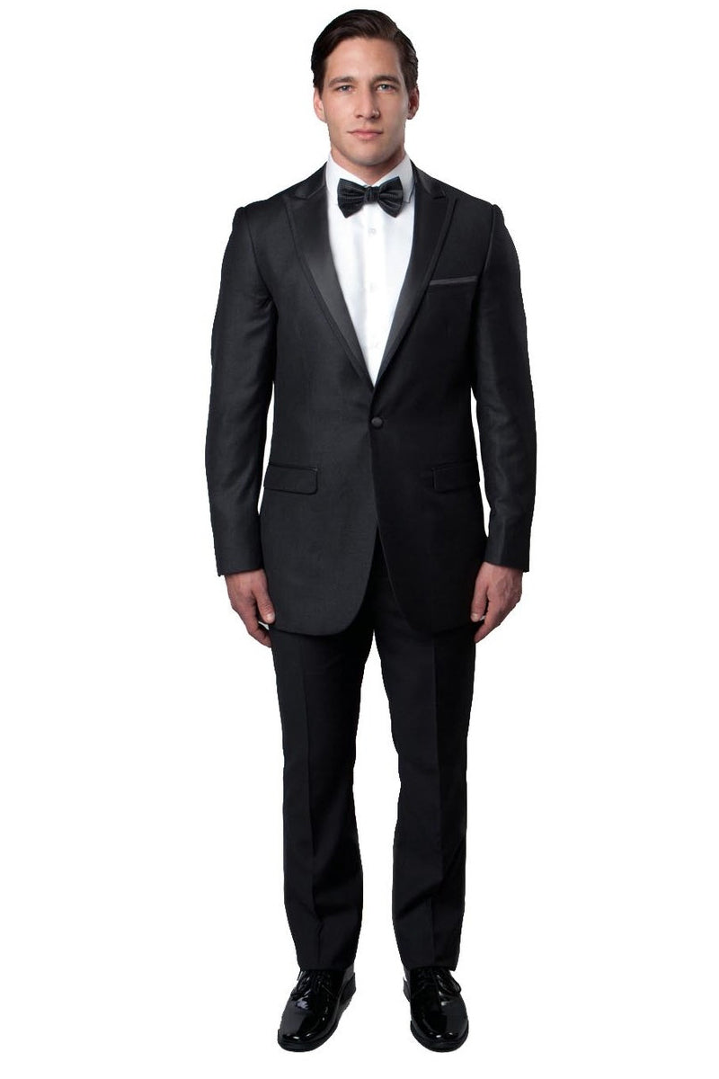 Men’s Slim Fit One Button Satin Trim Peak Lapel Prom & Wedding Tuxedo in Charcoal Grey