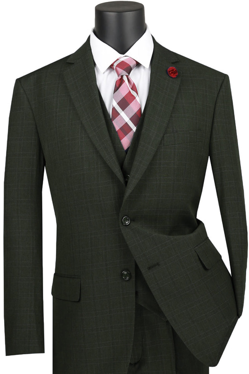 Men’s Classic Modern Fit Vested Tonal Windowpane Plaid Suit in Olive Green