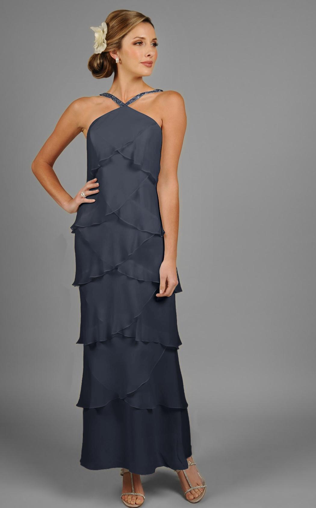 3451 Ornate Strap Halter Layered Sheath Evening Dress