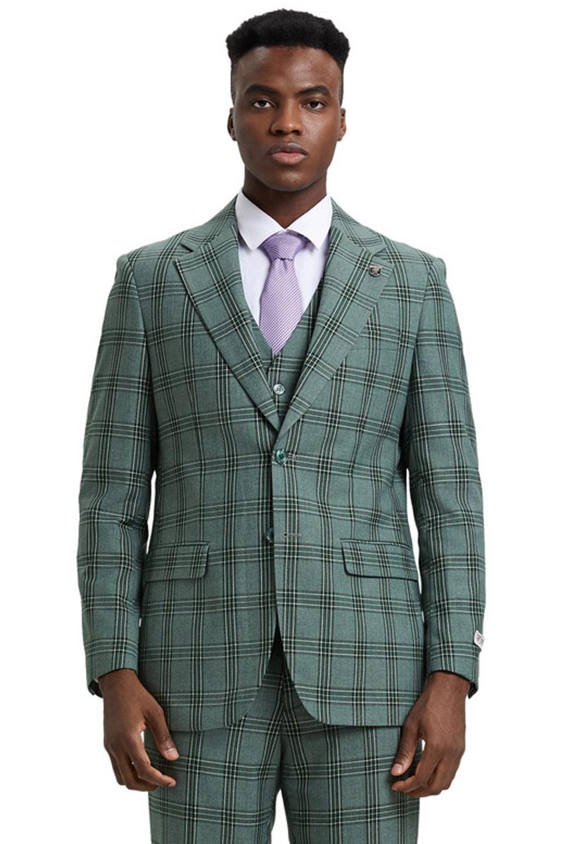 Men’s Stacy Adams Two Button Vested Glen Plaid Check Suit in Light Olive Green