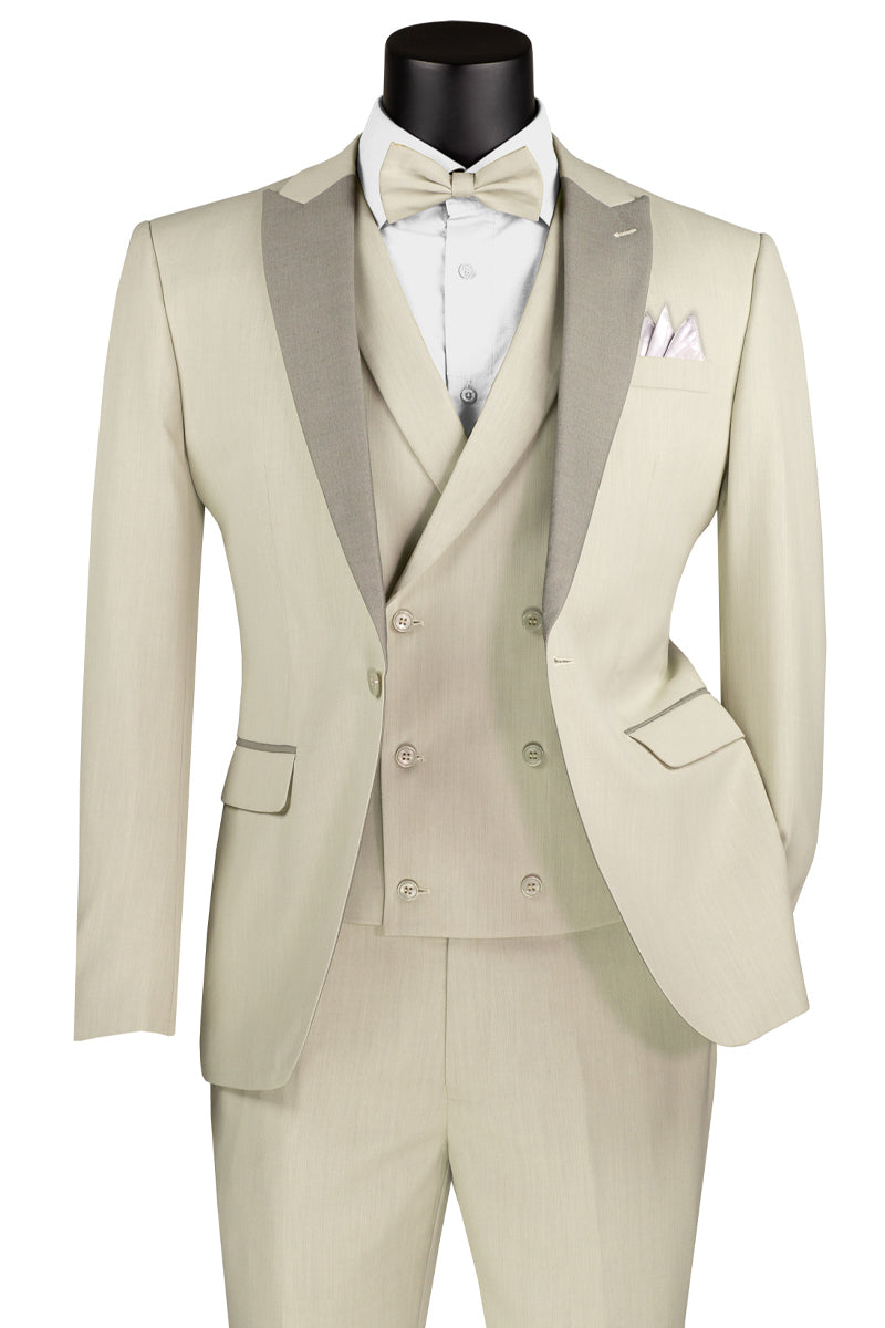 Men’s Summer Slim Fit Peak Lapel Tuxedo Suit in Ecru Tan