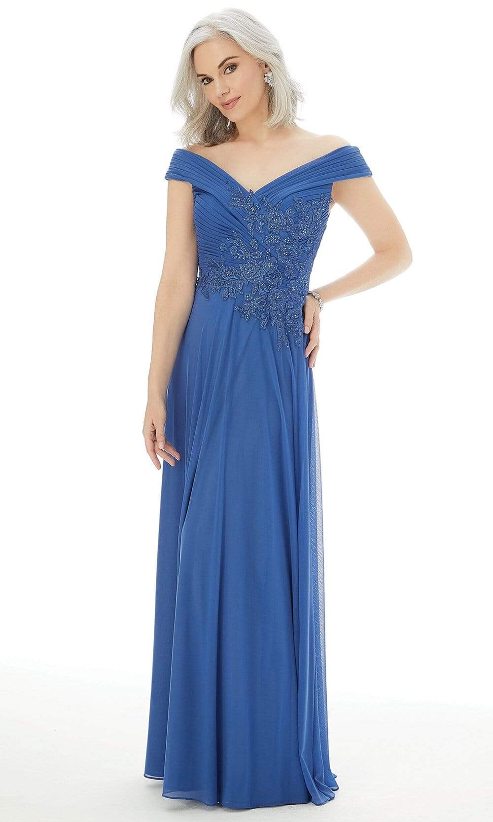 72229 Appliqued Pleated Off Shoulder A-Line Gown