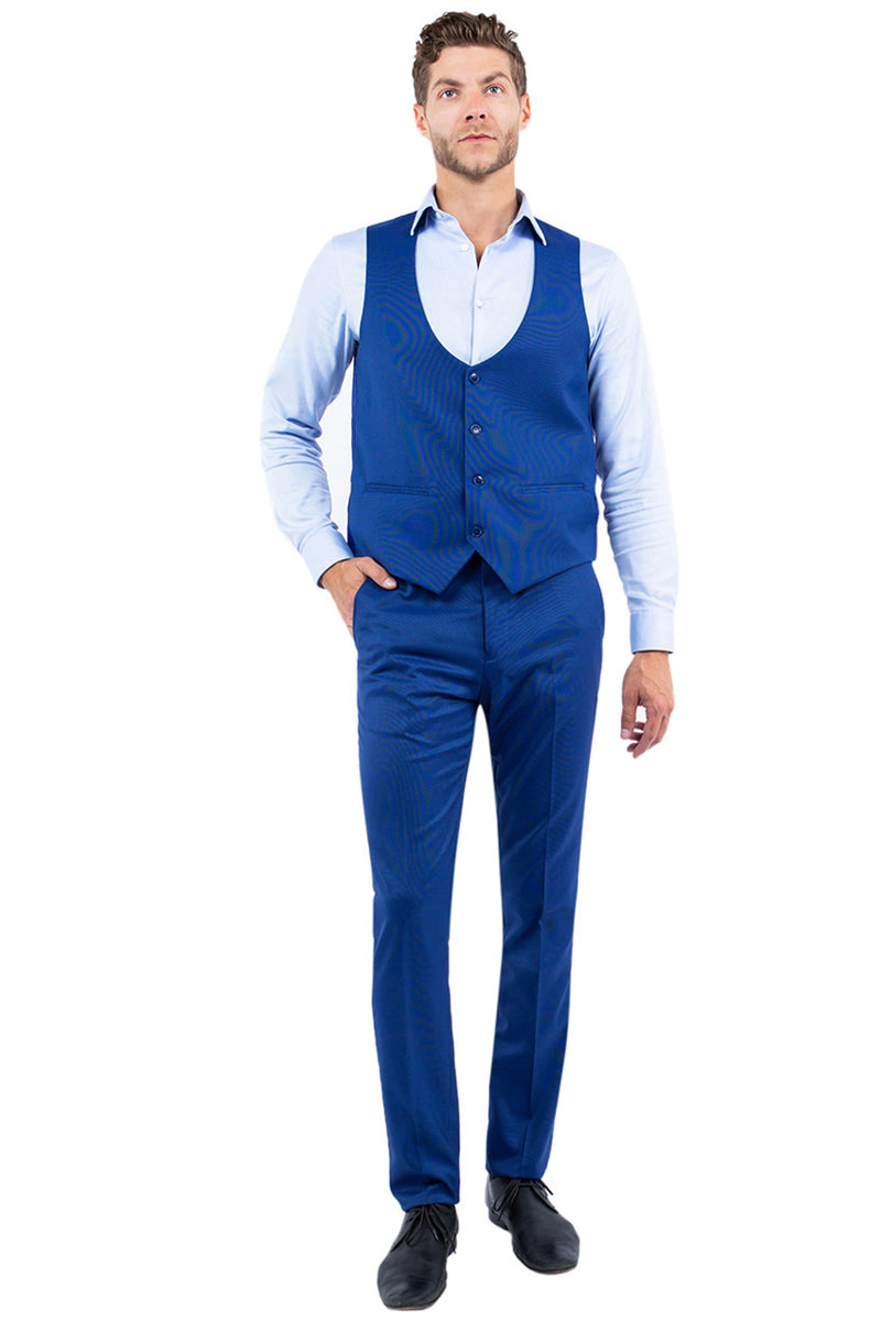 Men’s Two Button Vested Slim Fit Peak Lapel Suit in Blue Nailhead