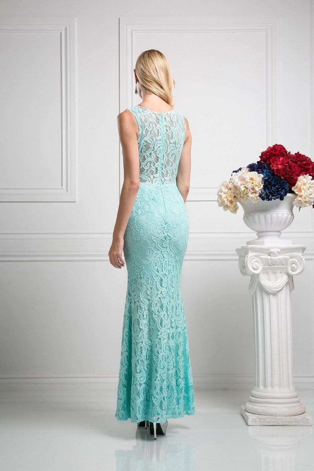 CF067L Floral Lace Mock Two-Piece Sheath Long Formal Dress