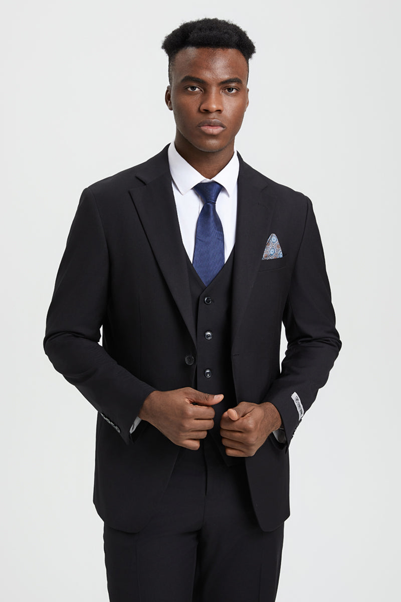 Men’s Two Button Vested Stacy Adams Designer Basic Suit in Black
