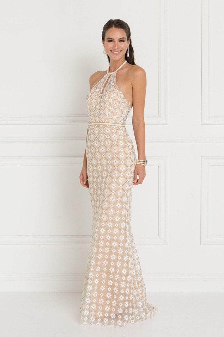 Halter Floral Beaded Evening Dress