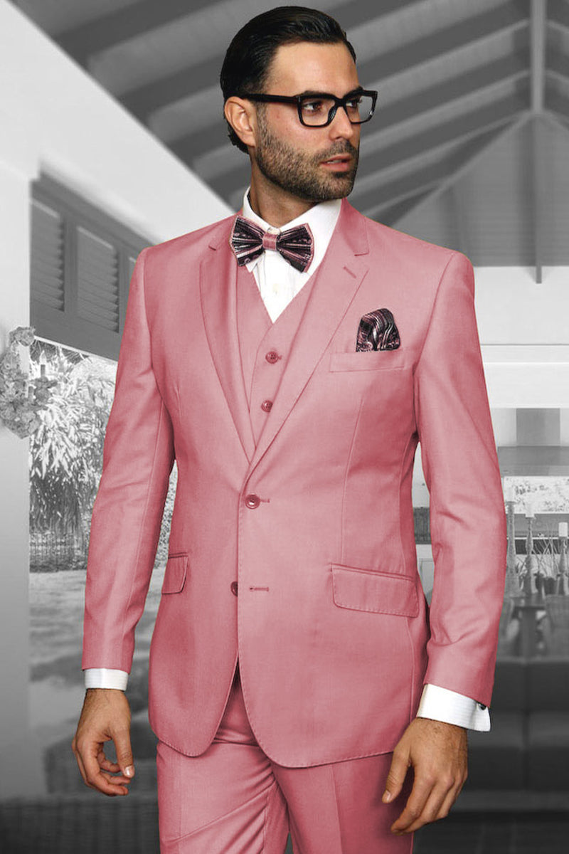 Men’s Designer Vested Modern Fit Wool Business & Wedding Suit in Blush Pink