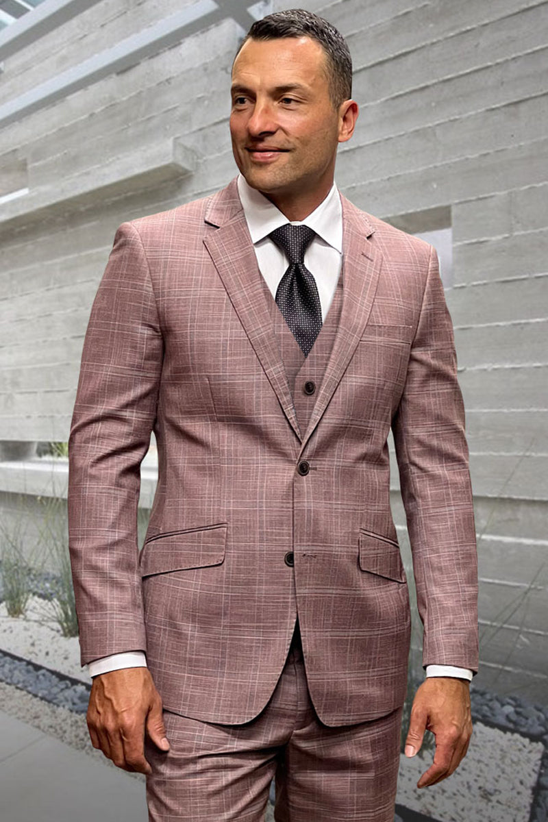 Men’s Designer Two Button Vested Wool Windowpane Suit in Mauve Pink