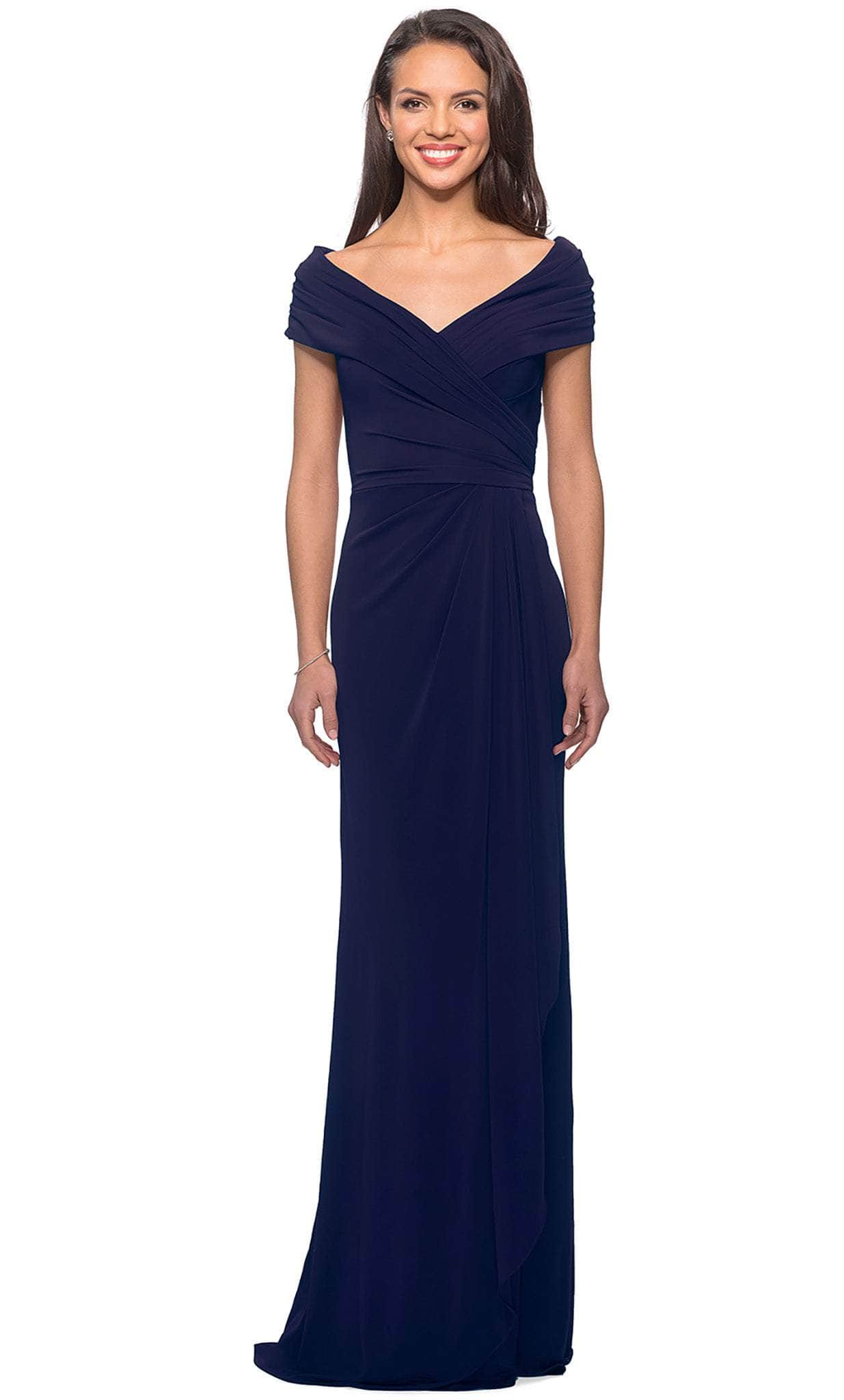26519 Off Shoulder V Neck Long Sheath Jersey Gown