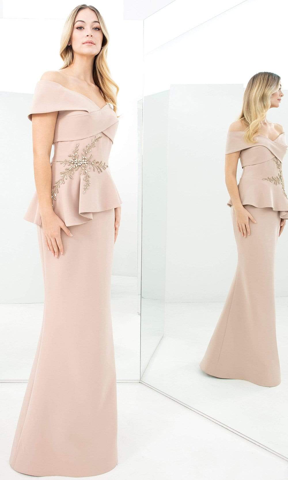 1350 Off-Shoulder Beaded Sheath Gown
