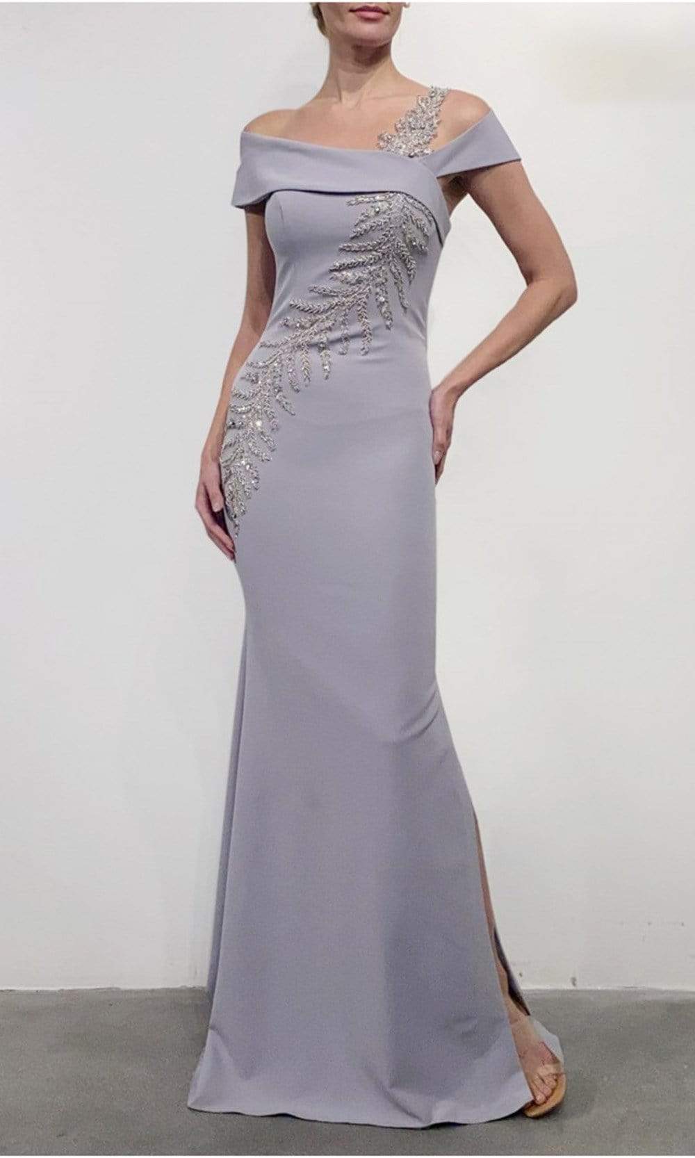 2111M5289 Beaded Asymmetric Trumpet Dress