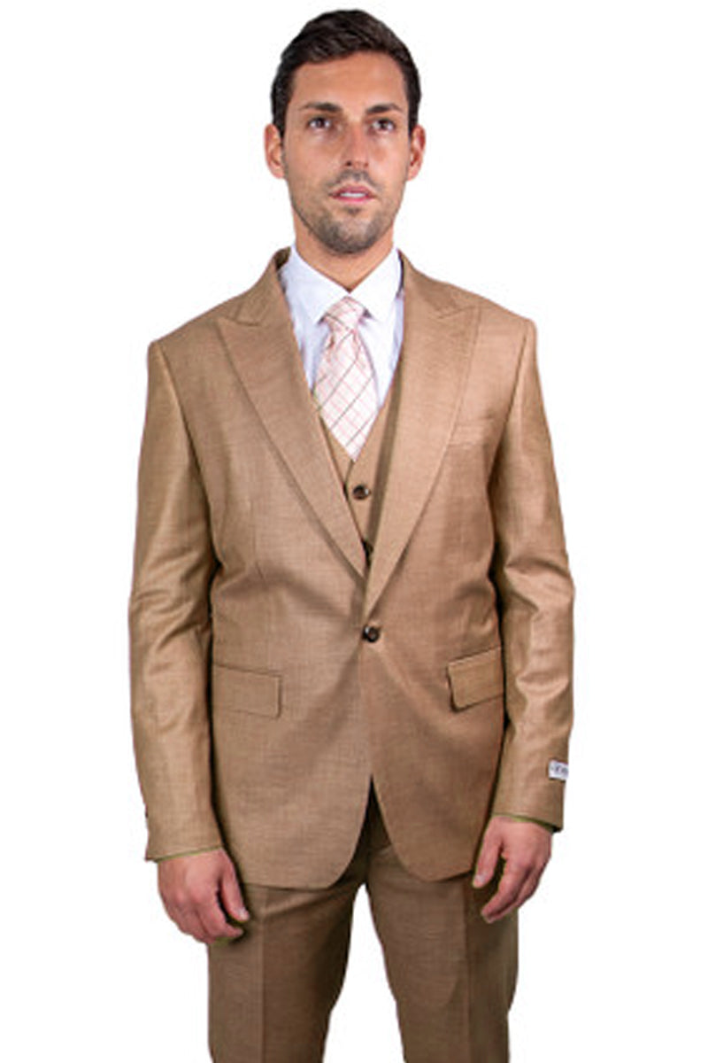 Men’s One Button Peak Lapel Vested Stacy Adams Sharkskin Suit in Taupe